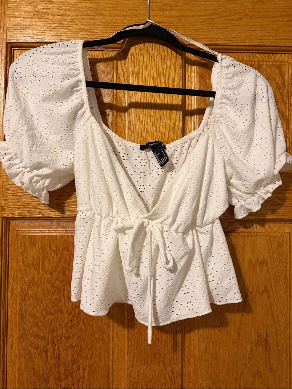 Forever 21 White Eyelet Tie-Front Peplum Top